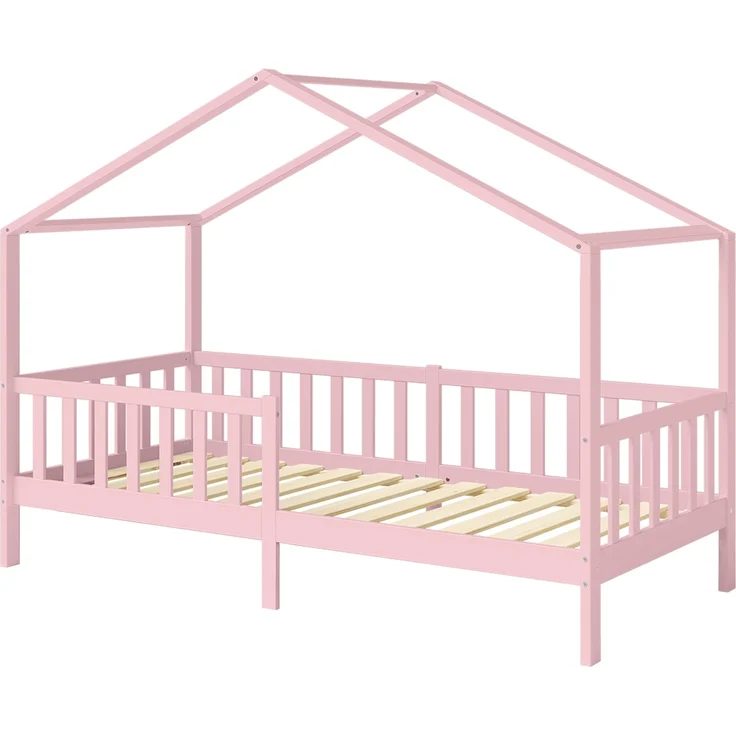 Bellabino 'Bia' Hausbett 90x200 cm mit Matratze, rosa, Kiefer Massivholz, Bodenbett in Hausoptik, Montessori Kinderbett mit Rausfallschutz und Lattenrost – Bild 2