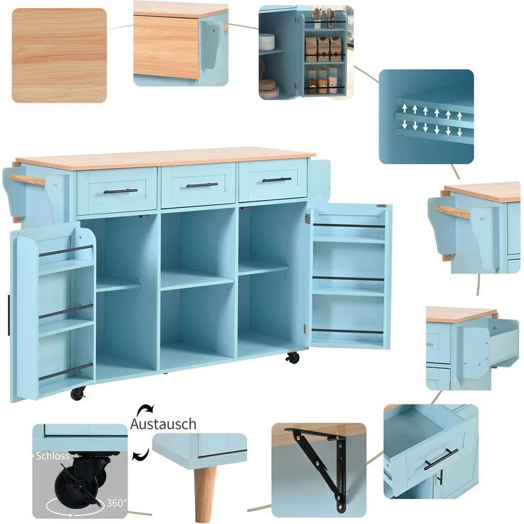 Küchenwagen B 139 x T 46(71) x H 91,5 cm, blau, MDF mit klappbarer Arbeitsplatte – Bild 8