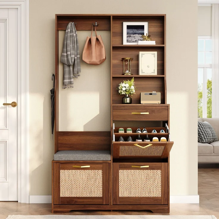 Garderobenschrank Flurgarderobe mit Sitzbank Schuhschrank Rattan Front Kleiderhaken Schubladen Stauraumschrank Eingangsbereich--Nussbaum--100x30x170cm--YOUDENOVA – Bild 4