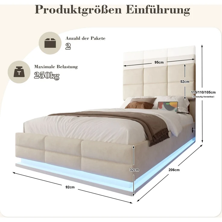 TavilaEcon Boxspringbett Modernes Polsterbett mit höhenverstellbarem Kopfteil & LED-Beleuchtung beige Liegefläche 90 × 200 cm – Bild 2