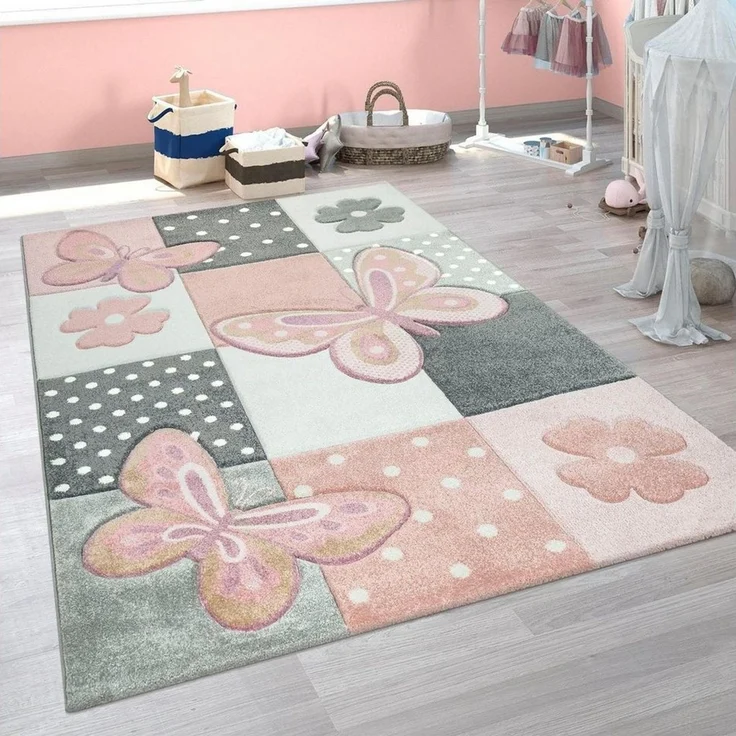 Paco Home Kinderteppich Cosmo 220, rechteckig, Höhe: 12 mm, 3D-Design, Patchwork Muster, niedliches Motiv Schmetterlinge & Punkte – Bild 3