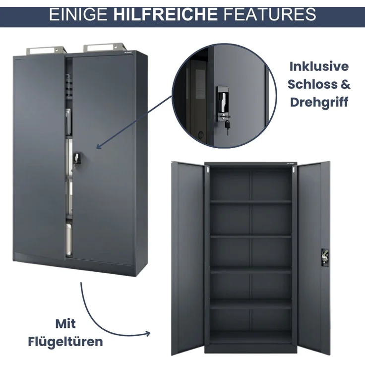 Aktenschrank abschließbar KADO - 5 Ebenen verstellbar, Flügeltüren | Metallschrank Werkstatt Mehrzweckschrank Büroschrank aus Stahl Werkzeugschrank, 185x115x40cm Anthrazit – Bild 5