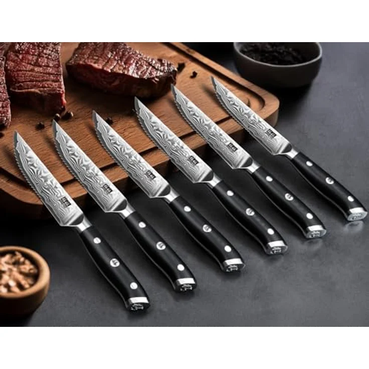 SHAN ZU Steakmesser-Set 7-teilig, 11 cm Damast-Steakmesser mit Block, japanisches Küchenmesser-Set mit Wellenschliff aus Hartstahl mit ergonomischem G10-Griff und Geschenkbox – PRO Series – Bild 9