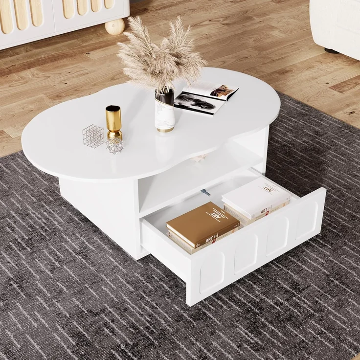 FurnitureR 1 Stück weißer Tisch, einzigartiges Wellendesign, mitteldichtes Fiberblattenmaterial, modernes Wohnzimmerzentrum, geräumiger Stauraum, kleine Eleganz – Bild 3