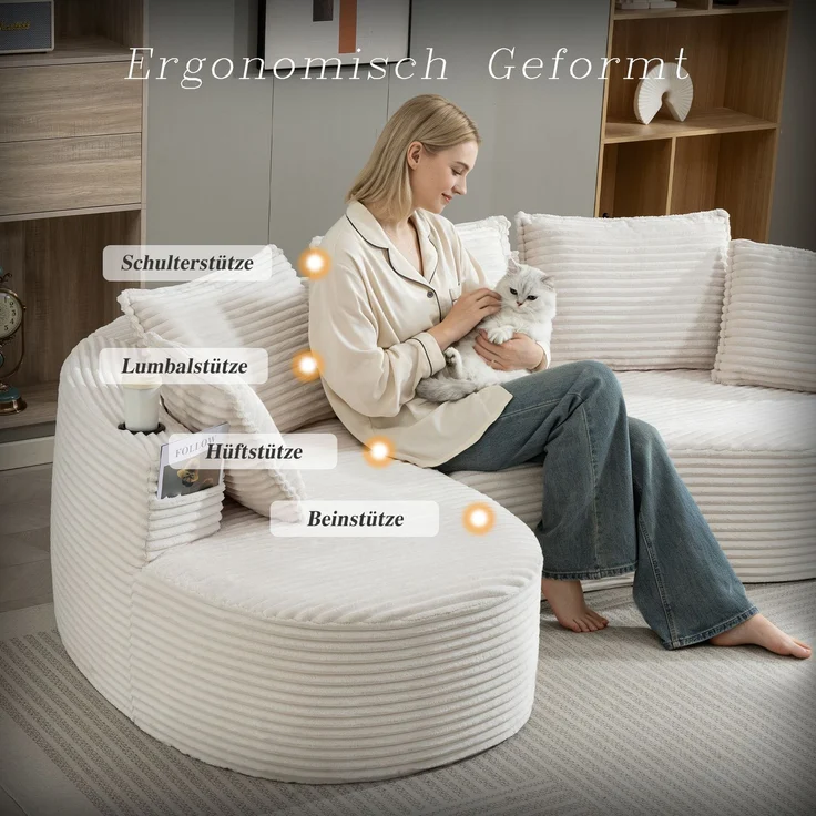LVHOM Ecksofa L-Form, Cloud Sofa mit Tassenhalter und Seitentaschen, 3-Sitzer Sofa aus Cordstoff, kein Aufbau erforderlich, 250x152cm, Beige – Bild 8