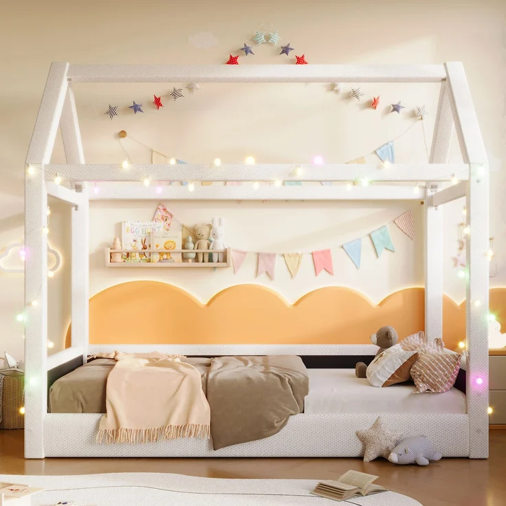 Gepolstertes Tagesbett 90x200 cm mit Haus-Design, LED-Lichtleisten und Leinenbezug, Beige – Bild 3