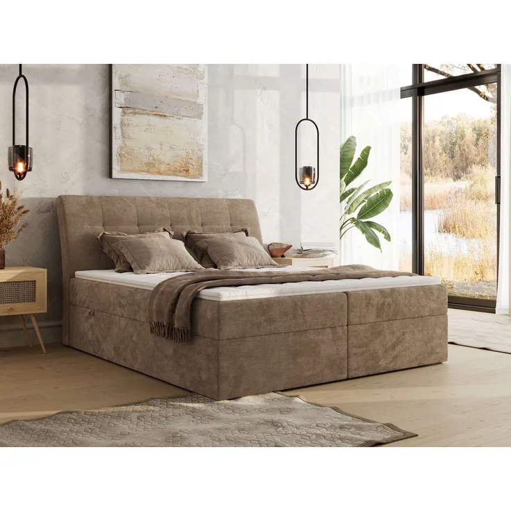 Boxspringbett DAGOS 180 x 200 cm mit Kopfteil, Lattenrost und Stauraum – Doppelbett mit Matratze & Topper T25 , stabile Konstruktion, Bettkasten, modernes Design - Braun Schenille glatt - H3