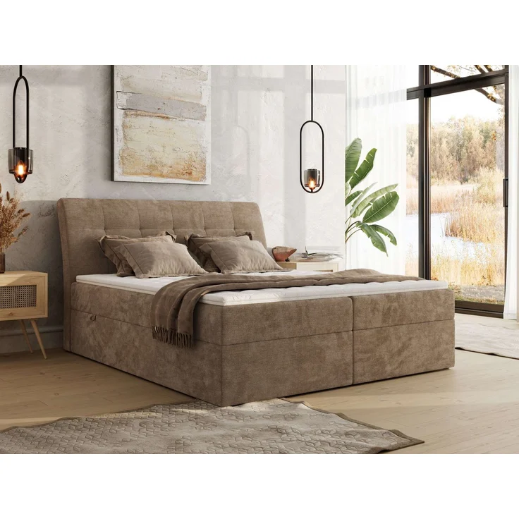 Boxspringbett DAGOS 180 x 200 cm mit Kopfteil, Lattenrost und Stauraum – Doppelbett mit Matratze & Topper T25 , stabile Konstruktion, Bettkasten, modernes Design - Braun Schenille glatt - H3 – Bild 1