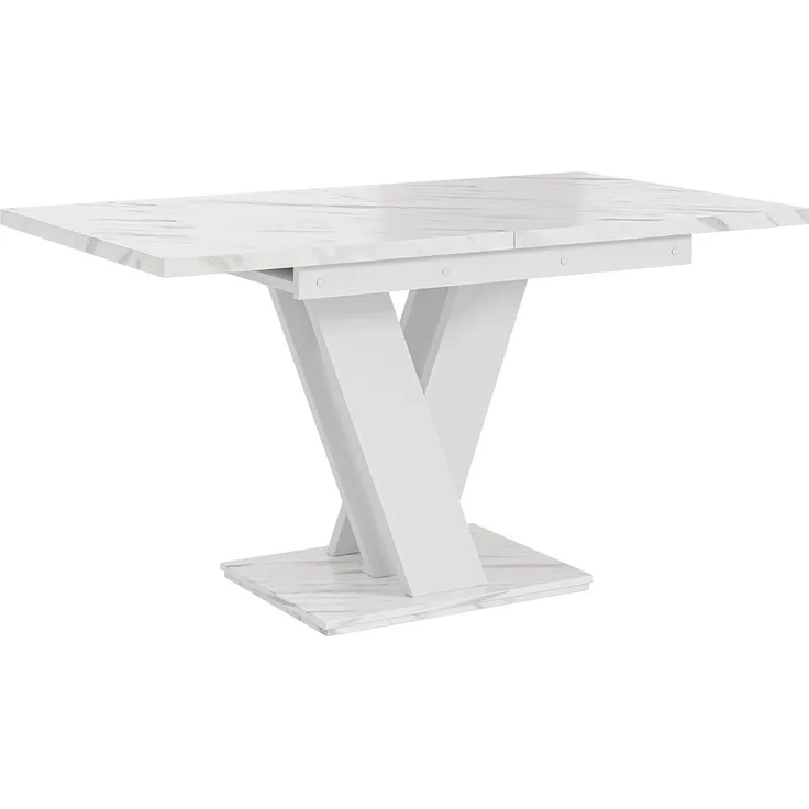 MEBLINI Esstisch Ausziehbar - 120-160x80x75cm - MASIV - Weiß Marmor/Weiß Matt - Esszimmertisch Modern - Küchentisch - Säulentisch - Ausziehtisch - Dining Table