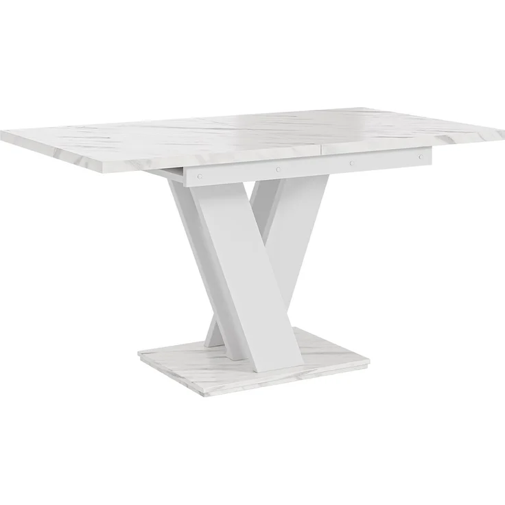 MEBLINI Esstisch Ausziehbar - 120-160x80x75cm - MASIV - Weiß Marmor/Weiß Matt - Esszimmertisch Modern - Küchentisch - Säulentisch - Ausziehtisch - Dining Table