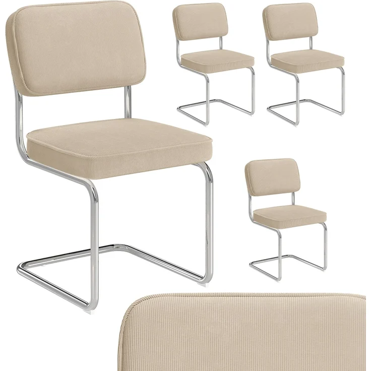 skølm 'Thund' Esszimmerstühle 4er Set, beige, Polsterstuhl aus Cord mit verchromten Metallgestell, Schwingstuhl bis 120 kg belastbar – Bild 1