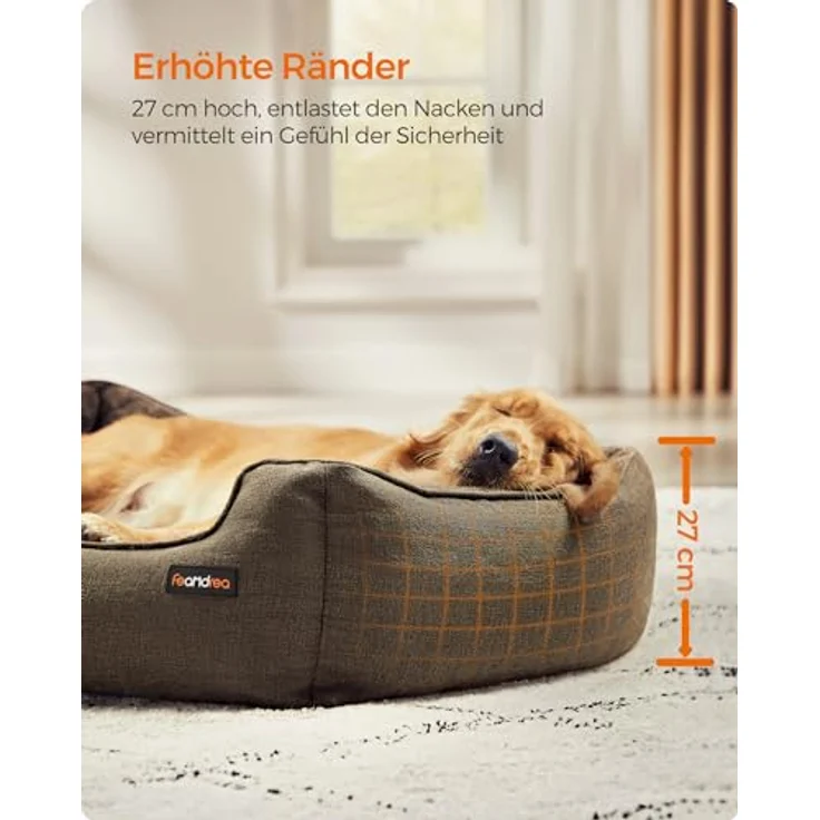 Feandrea Hundebett, Hundekissen in Leinenoptik, Hundekorb, erhöhte Ränder, rutschfeste Unterseite, Bezug abnehmbar waschbar, XL, für große Hunde, 110 x 75 x 27 cm, braun PGW12CC – Bild 4