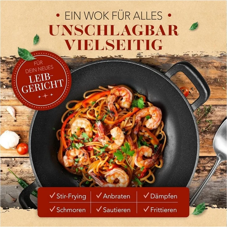Krustenzauber Wok 30cm Wokpfanne Induktion voreingebrannt mit Wokwender und Wokring – Bild 3