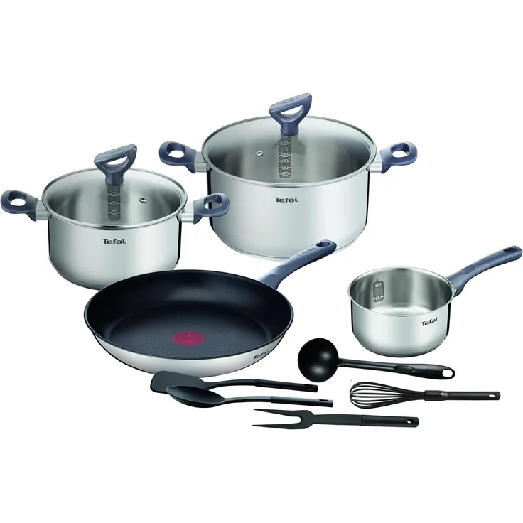 Tefal DAILY COOK Kochgeschirr-Set G713SB | 11tlg. (Stielkasserolle 16cm, Kochtöpfe 20/24cm mit Deckeln, Bratpfanne 28cm, Schneebesen, Schöpfkelle, Löffel, Pfannenwender, Fleischgabel | alle Herdarten