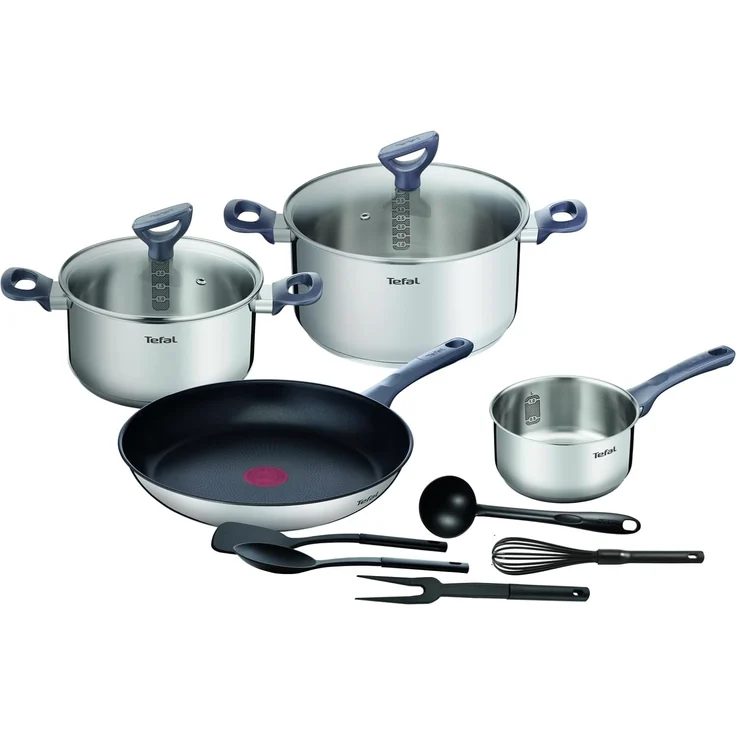 Tefal DAILY COOK Kochgeschirr-Set G713SB | 11tlg. (Stielkasserolle 16cm, Kochtöpfe 20/24cm mit Deckeln, Bratpfanne 28cm, Schneebesen, Schöpfkelle, Löffel, Pfannenwender, Fleischgabel | alle Herdarten