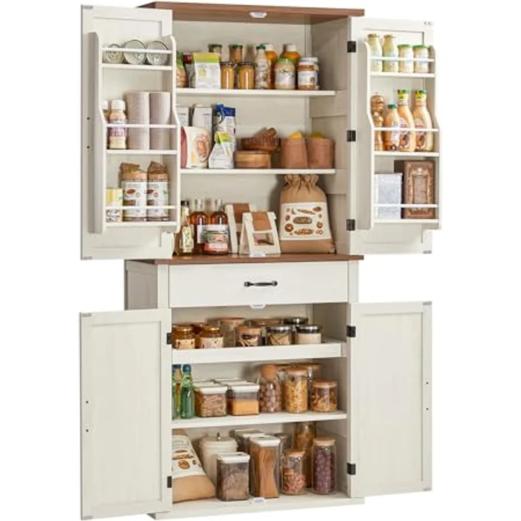 VASAGLE Küchenschrank mit Türen, Landhausstil, Schublade, Ablage und verstellbaren Einlegeböden, vintageweiß, 178,6 x 40 x 80 cm, BBKDE364W02 – Bild 2