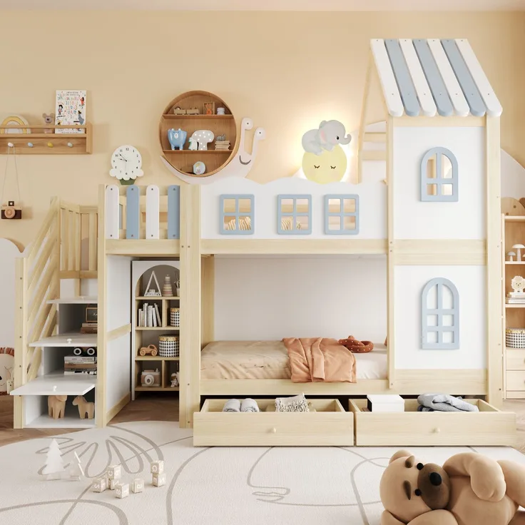 Merax Etagenbett 90 x 200 cm, Kinderbett, Jugendbett, Mit Bettgitter in Wolkenform, Dachkonstruktion Mit Fenstern, Stauraumleiter, Regalen und Schubladen, Kinderbett aus Holz, Weiß
