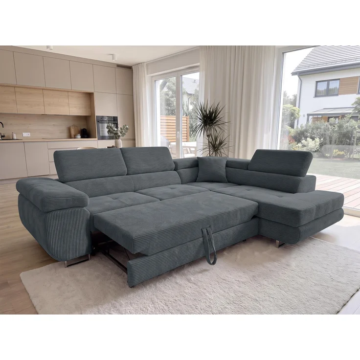 AX LIVING Konak Cord-Schlafsofa R Dunkelgrau 276 cm mit Bettkasten & Kopfstützen – Bild 2