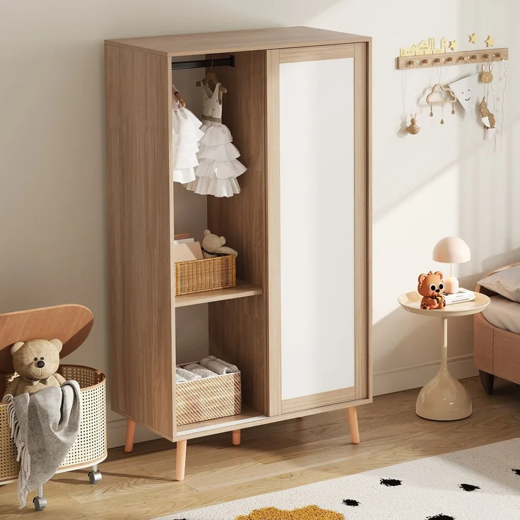 Kleiderschrank mit doppelten Schiebetüren, Kleiderstange, Ablageflächen, abriebfester Oberfläche, feuchtigkeitsbeständig – Bild 1