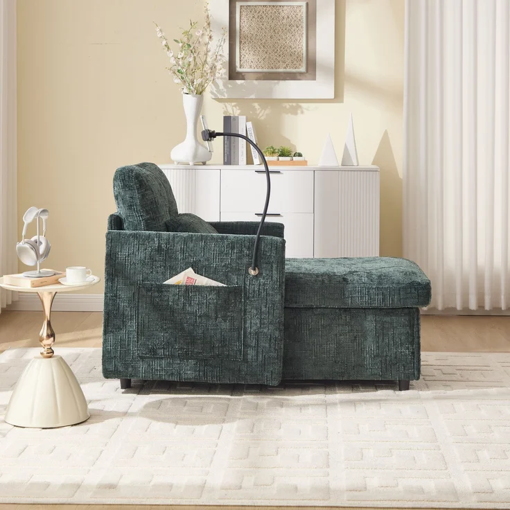 Loungesofa mit integriertem Handyhalter, großem Stauraum & Seitentaschen, Chenille Stoff-Sessel mit gepolsterten Kissen,Smaragd – Bild 4