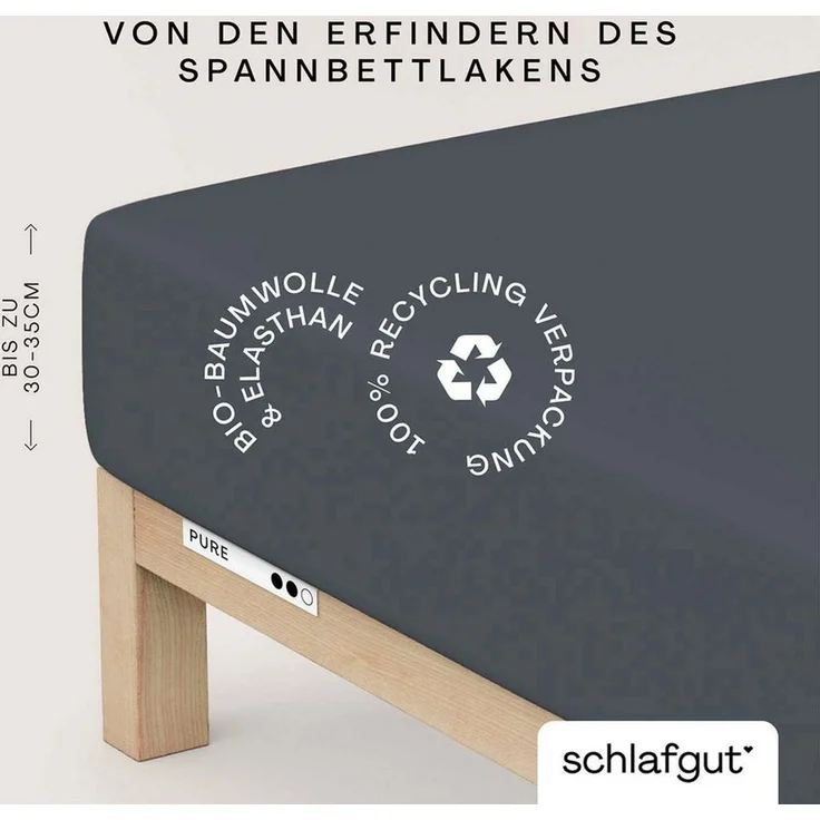 Schlafgut 'Pure' Spannbettlaken, Gummizug: rundum, für Matratzen bis 30cm Höhe, Bio-Baumwolle mit Elasthan, Grey Deep, M 120x200 cm - 130x220 cm – Bild 1