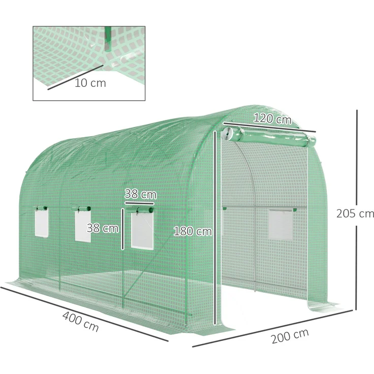 Wohnora-Tunnelgewächshaus, 8 m² Grundfläche, 4 m L x 2 m B x 2,05 m H, Rohrrahmen, Tür mit Reißverschluss, 6 aufrollbare Fenster, Grün,H 2050cm x T 1480cm x B 2000cm – Bild 4