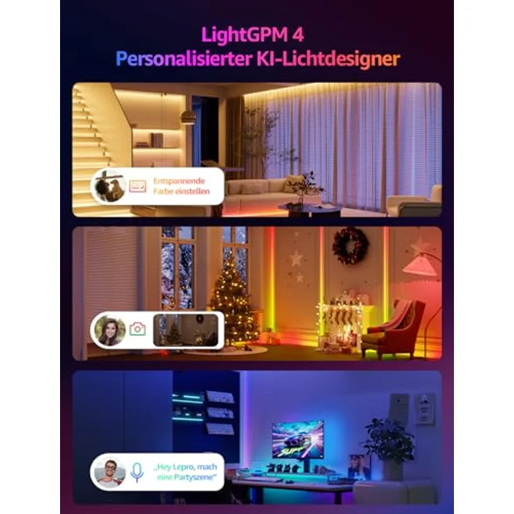 Lepro AI LED Streifen S1, MagicColor RGBIC 10M Smart LED Strip mit KI-Lichtdesigner, Musik-Sync, App-Steuerung, kompatibel mit Alexa & Google Assistant für Party & Gaming – Bild 3