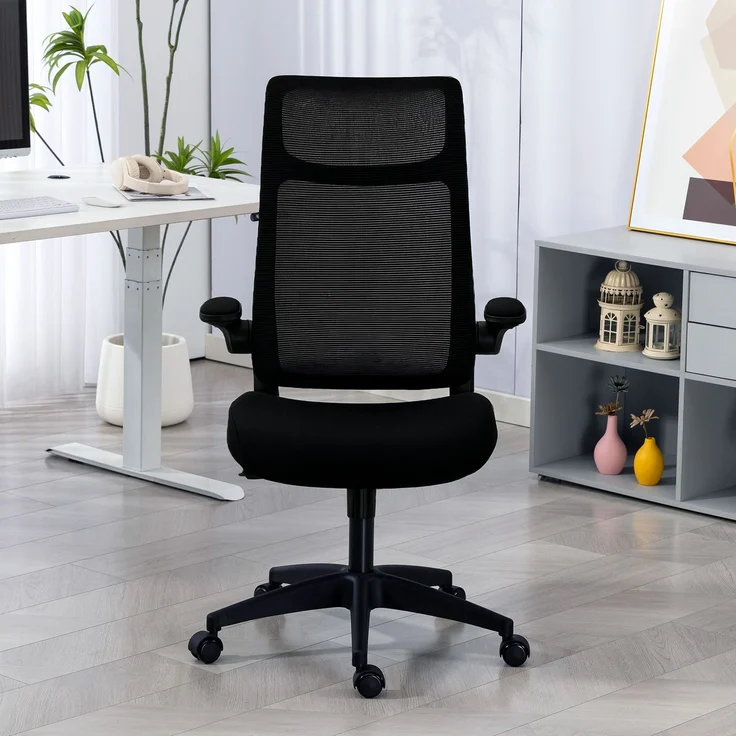MELAYR, Ergonomischer, drehbarer Netz-Bürostuhl mit Lordosenstütze, klappbaren Armlehnen, 65 x 64 x 118 cm, Schwarz – Bild 4