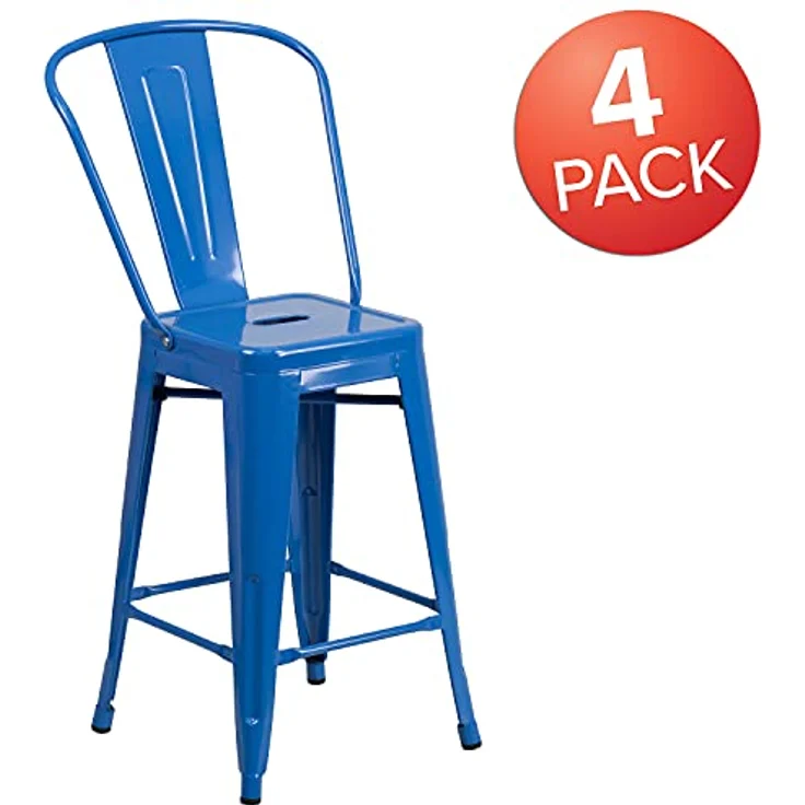 Flash Furniture Commercial Grade 4 Pack 61 cm High Metall Indoor Outdoor Hocker mit Rückenlehne, Kunststoff, verzinkter Stahl, blau, 4 Stück – Bild 5