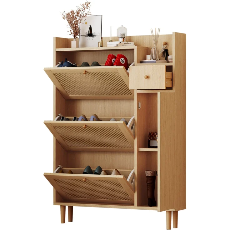 Merax Schmal Schuhschrank mit 3 Klappen, Rattan Schuhschrank Schuhkipper mit Schublade und Tür, Schuhkommode mit Verstellbarer Ablage, Naturbelassen – Bild 10