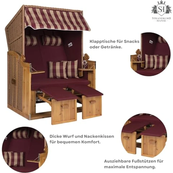 Strandkorb Hanse Strandkorb Strandkorb Ostsee Burgund AFC rot grün beige, BxTxH: 120x80x160 cm, Volllieger, Ostsee-Modell, Stabiles Wacholder mit handgefertigtem Polyrattangeflecht – Bild 7