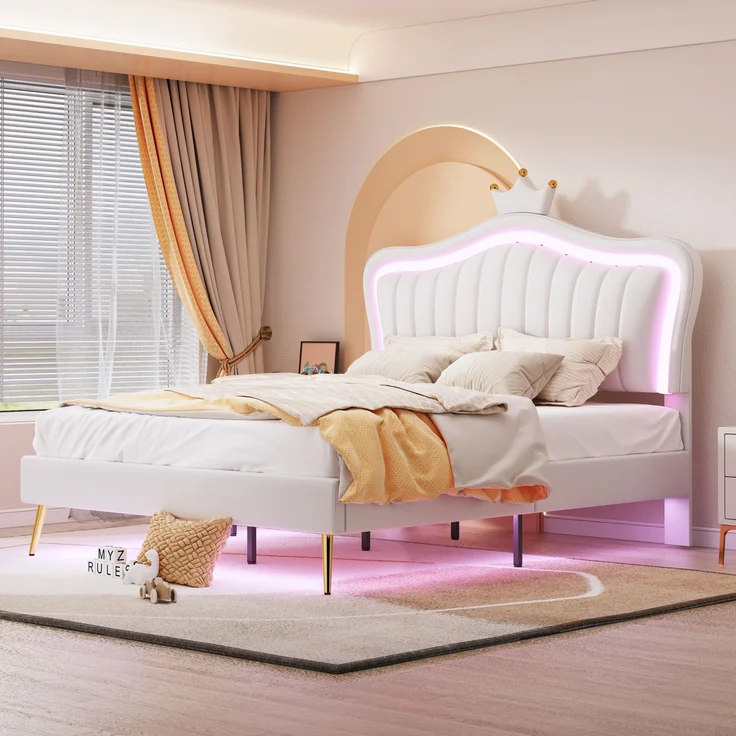 Kinderbett Muschelform mit Krone, LED Beleuchtung, Kunstleder Polsterbett 140x200 cm, stabiler Rahmen, leicht zu reinigen – Bild 2