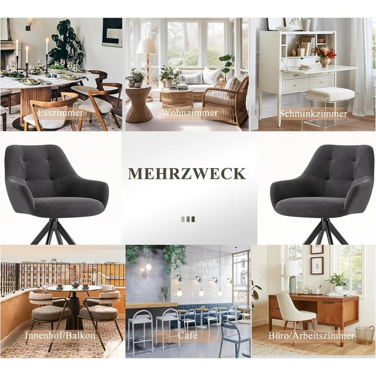 COLAMY Drehbare Esszimmerstühle 4er Set, Esszimmerstühle Drehbar mit Armlehne, Armlehnstuhl Drehbar mit Rückenlehne für Esszimmer, Stühle aus Weichem Florstoff mit Metallgestell für Küche, Grau – Bild 10