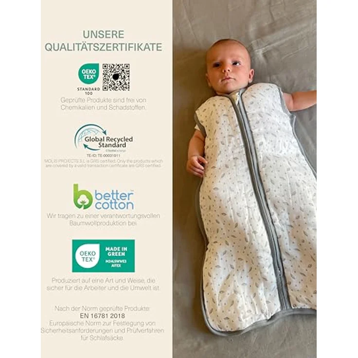 molis&co - Baby Schlafsack ärmellos - Ideal für Frühling und Herbst - Babyschlafsack 1 tog ohne Ärmel - Leicht gepolstert - Babyschlafsack Neugeborene - Premium-Musselin - Baumblättern (95 cm) – Bild 7