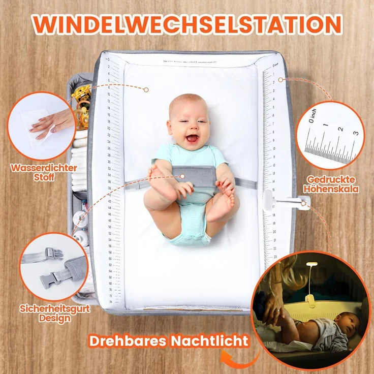 Orzbow Tragbarkeit Baby Wickelkommode mit Schubladen und Nachtlicht, Höhenverstellbare Mobiler Baby Wickeltisch Klappbar mit Sicherheitsgurt, Geräumiger Stauraum Baby Changing Table, Grau – Bild 2