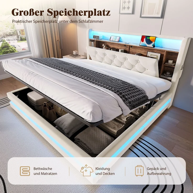 TavilaEcon Boxspringbett Samtbett, Polsterbett mit LED-Beleuchtung & USB-Ladefunktion beige Liegefläche 160 × 200 cm – Bild 4