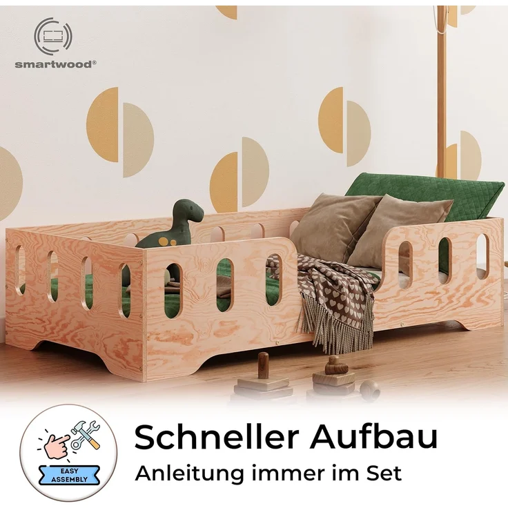 smartwood TILA 2 Kinderbett 80x190 mit Rausfallschutz und Lattenrost - Bodenbett Kinder Naturholz - Montessori Bett mit glatten Kanten - Betten für schnelle Montage - Bis zu 95 kg – Bild 4