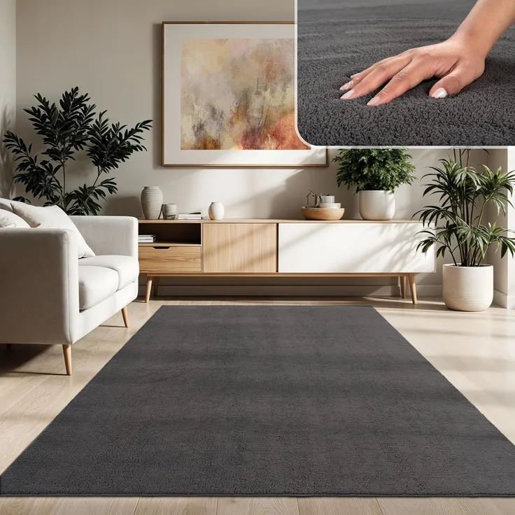 Paco Home Waschbarer Teppich Wohnzimmer Schlafzimmer Kurzflor rutschfest Flauschig Weich Moderne Einfarbige Muster, Grösse:200x280 cm, Farbe:Anthrazit