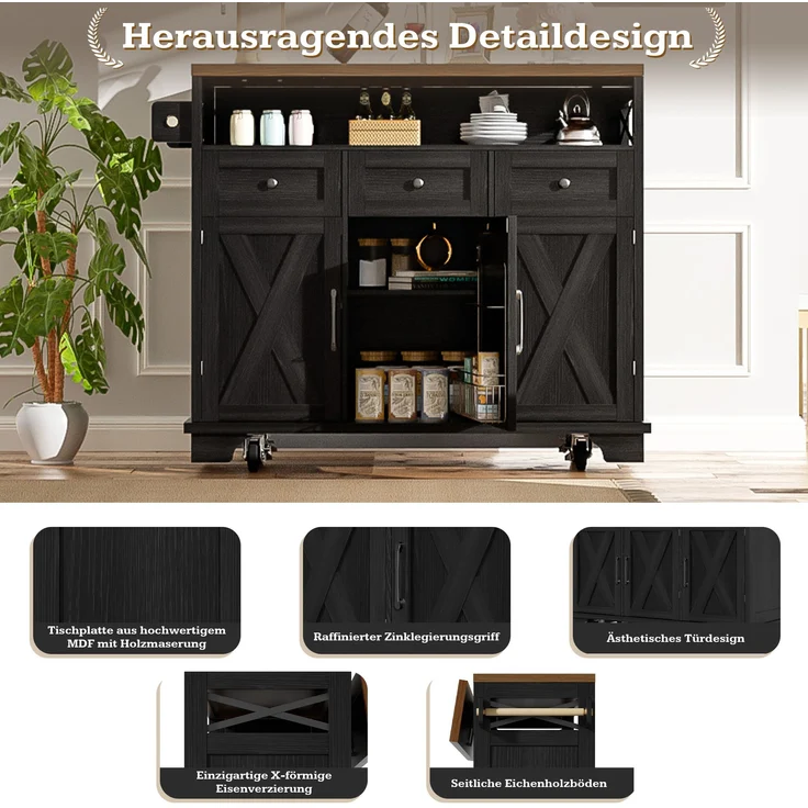 Kücheninsel 118x43-80x98 cm, schwarzer Küchenwagen mit klappbarer Holzoptik-Arbeitsplatte und Metallrahmen, 98cmx118cmx43-80cm – Bild 5