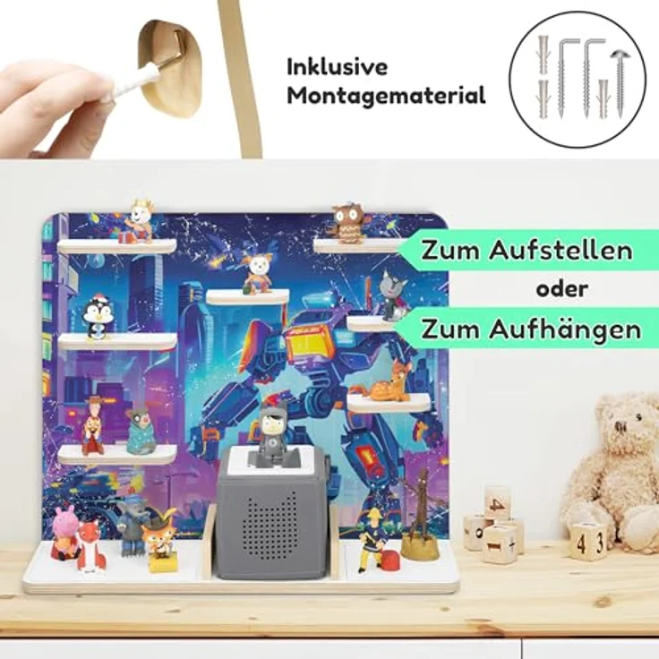 stadtecken Holzregal für Musikbox I Geeignet für die Toniebox und ca. 50 Tonies I Perfekte Tonie Aufbewahrung im Kinderzimmer I Zum Aufstellen oder Aufhängen (Robots, Groß) – Bild 7