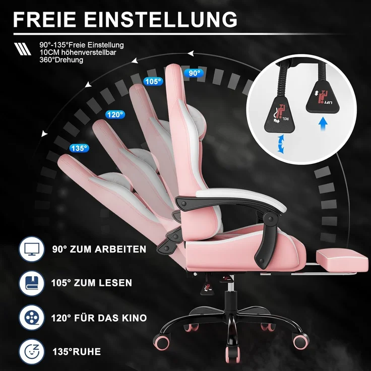 Devoko Massage Gaming Stuhl, Computer Bürostuhl mit Fußstütze, Racing Gamer Stuhl 150kg Belastbarkeit, 90-135° Rückenlehne einstellbar Ergonomischer PC Stuhl, 360° drehbar, Rosa – Bild 7