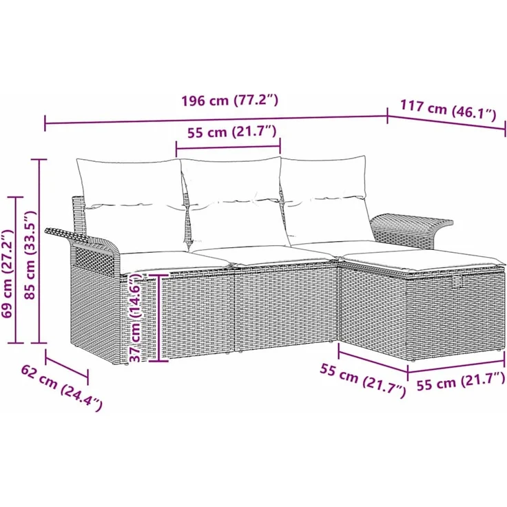 vidaXL Garten-Sofa-Set mit Kissen mit Speicher 4 pcs Beige Poly Rattan 3360181 – Bild 12