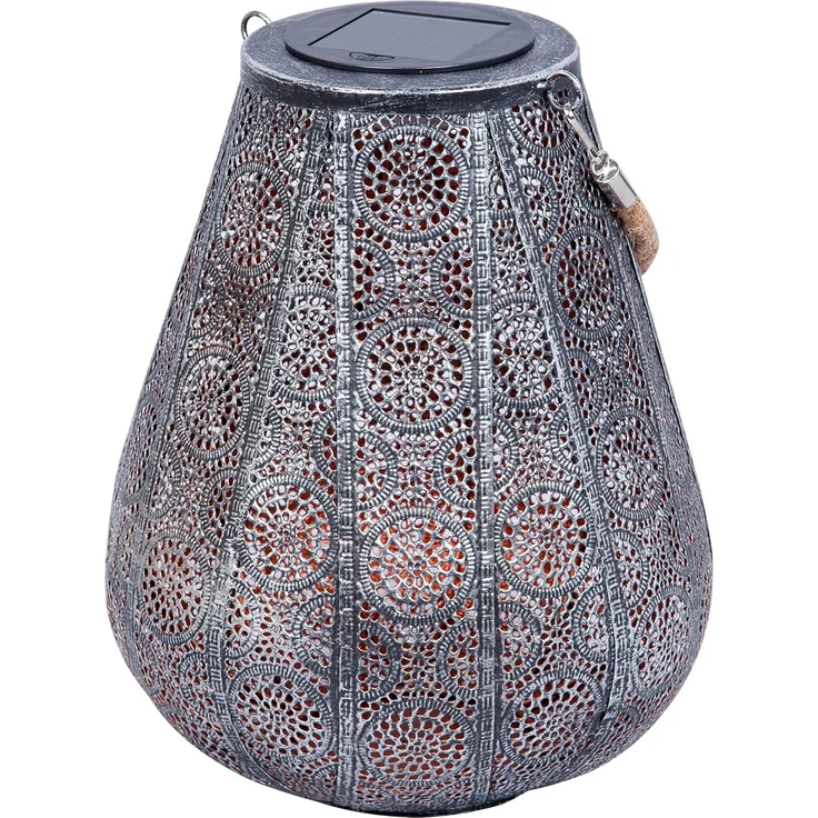 Dehner Solar-Laterne Scala, Ø 20 cm, Höhe 25 cm, Metall/Kunststoff, Lichtfarbe warmweiß, grau/silber – Bild 1