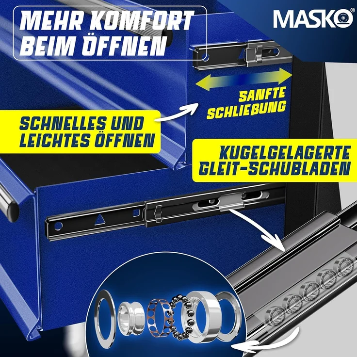 MASKO® Werkstattwagen inkl. Koffer, 9 Fächer, Abschließbar, Massives Metall, Werkzeug-Wagen ohne Werkzeug, Rollwagen zur Werkzeugaufbewahrung, mit Schloss, Blau – Bild 3