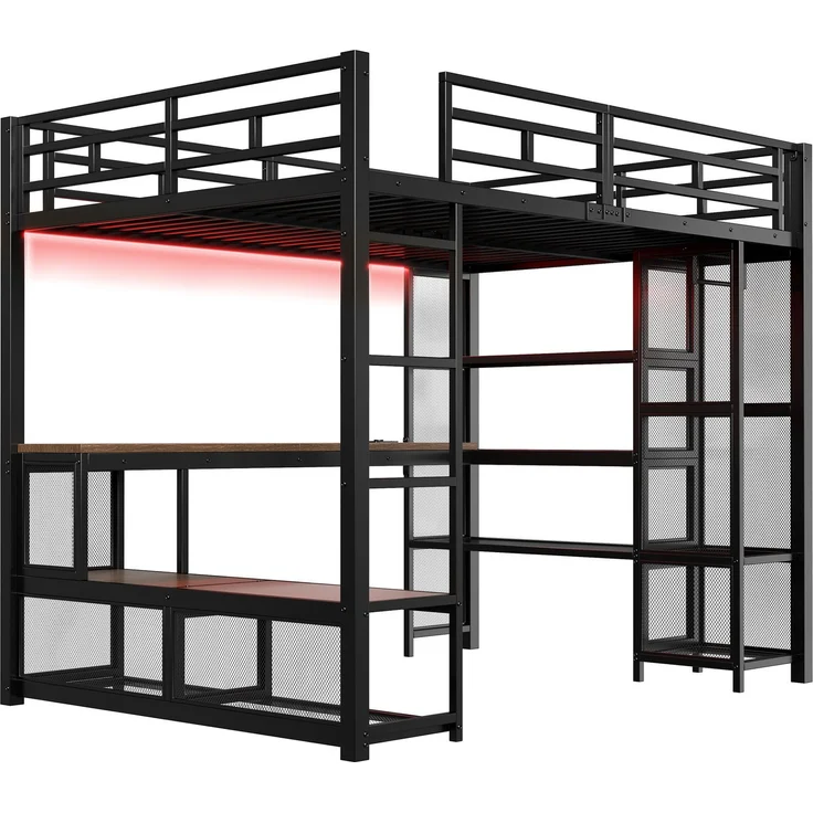 U-life Metall-Hochbett 140x200 cm mit Schreibtisch, offenem Kleiderschrank, USB-Ladestation und LED-Beleuchtung, Schwarz – Bild 8