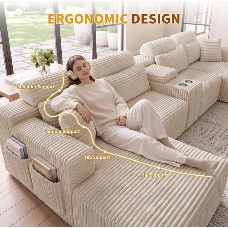 ZUBALIYA Boneless Compression Sofa, U-förmiges modulares Sofa mit integrierten Becherhaltern, Off-Weiß, 372 x 151 x 80 cm – Bild 15