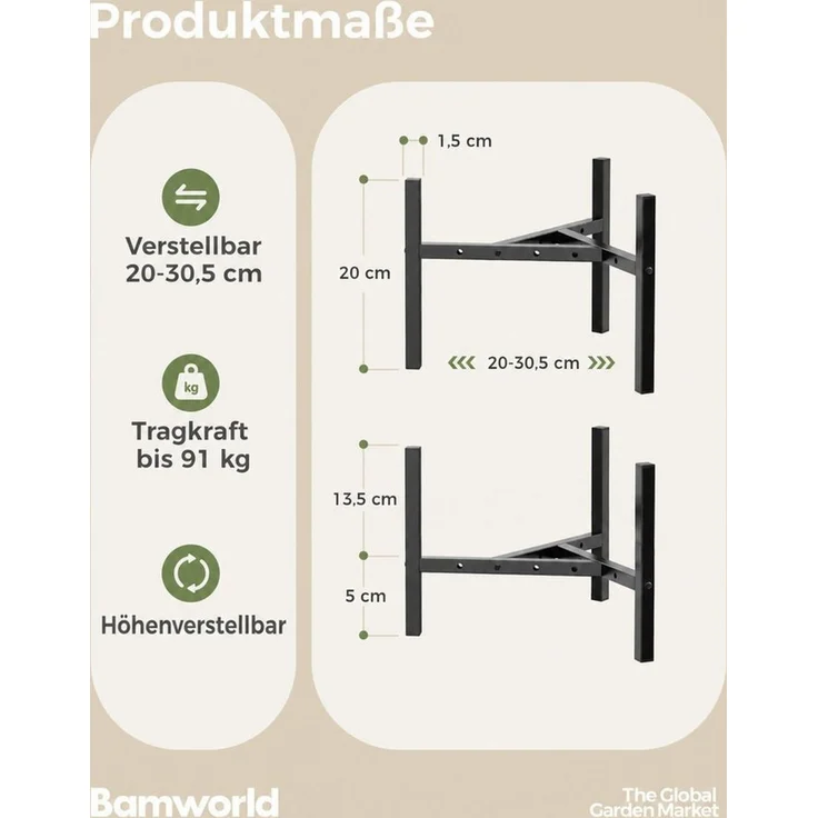 Bamworld Blumenständer wasserfest & sonnenbeständig, Verstellbarer, Schwarz (1 St), Verstellbares Design mit 2 Höhenstufen – Bild 2