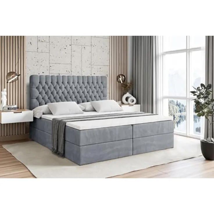 ALTDECOR Boxbett, Grau, 180x200 cm, Höhenverstellbar mit 21 cm, inklusive 4 cm Topper und 2 Bettkästen