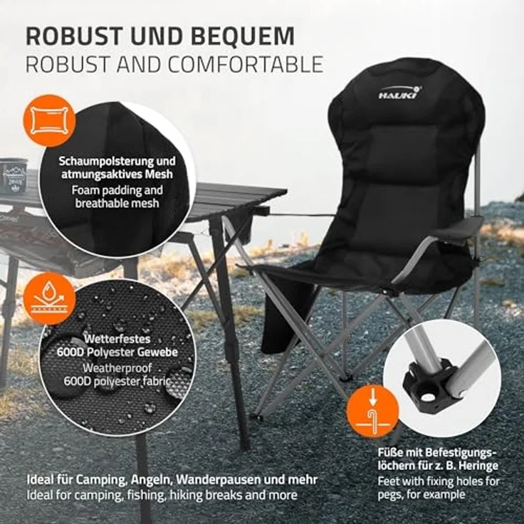 Hauki Campingstuhl Faltstühl faltbar mit Getränkehalter & Tragetasche bis 150kg (1 St), Klappstuhl 56x95x110 cm Schwarz Angelstuhl mit Hochlehner Gepolster – Bild 7