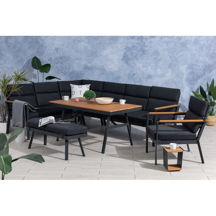 Gardissimo 'Nabari XL' Dining-Ecklounge mit Ecksofa, Bank, Tisch & Sessel, 10 Personen, Anthrazit / Braun, Links